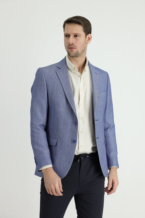 Dark Blue 4 Drop Relaxed Fit Classic Patterned Linen Blend Jacket