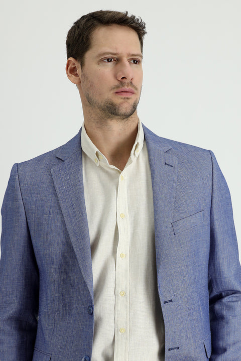 Dark Blue 4 Drop Relaxed Fit Classic Patterned Linen Blend Jacket