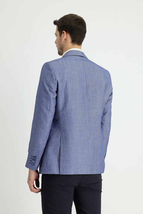 Dark Blue 4 Drop Relaxed Fit Classic Patterned Linen Blend Jacket