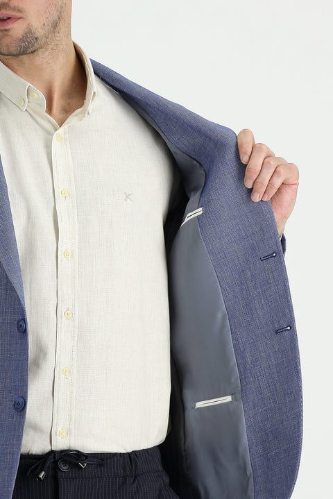 Dark Blue 4 Drop Relaxed Fit Classic Patterned Linen Blend Jacket