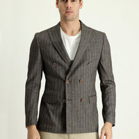 Dark Brown 6 Drop Regular Fit Double-Breasted Striped Linen Jacket