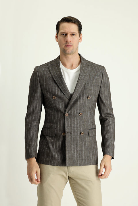 Dark Brown 6 Drop Regular Fit Double-Breasted Striped Linen Jacket