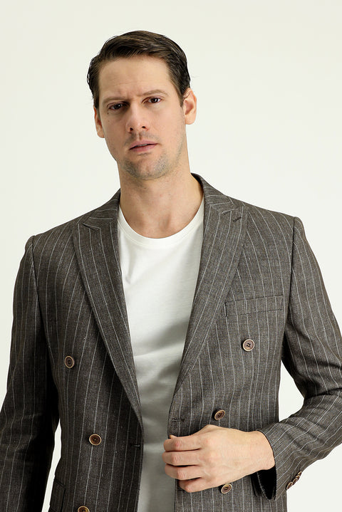 Dark Brown 7 Drop Slim Fit Double-Breasted Striped Linen Blend Jacket