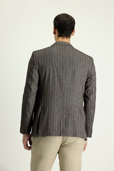 Dark Brown 7 Drop Slim Fit Double-Breasted Striped Linen Blend Jacket