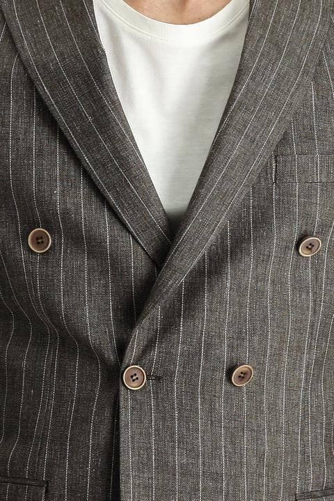 Dark Brown 6 Drop Regular Fit Double-Breasted Striped Linen Jacket