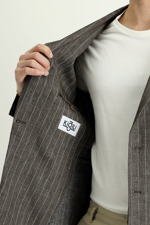 Dark Brown 6 Drop Regular Fit Double-Breasted Striped Linen Jacket