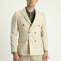 Cream 6 Drop Regular Fit Double-Breasted Striped Linen Blend Jacket