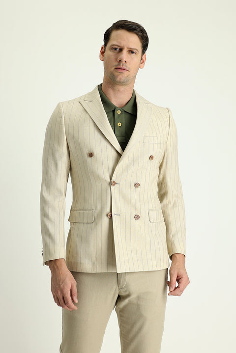Cream 6 Drop Regular Fit Double-Breasted Striped Linen Blend Jacket