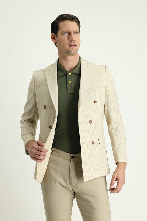 Krem 7 Drop Slim Fit Dar Kesim Kruvaze Çizgili Keten Ceket