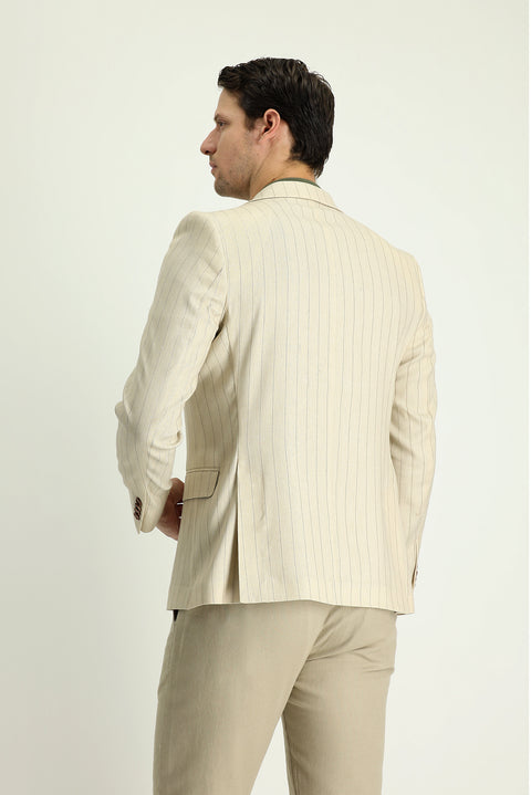 Cream 6 Drop Regular Fit Double-Breasted Striped Linen Blend Jacket