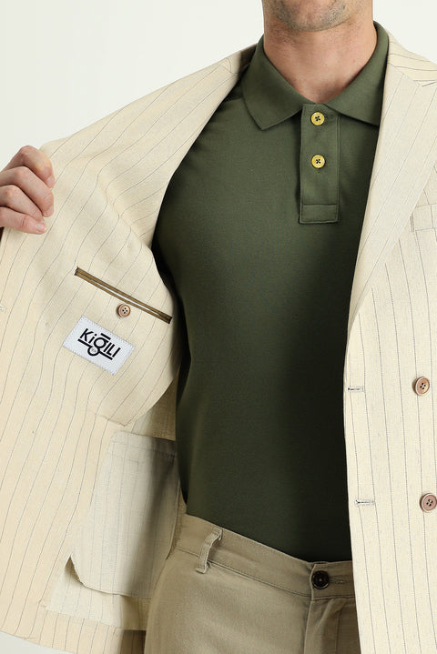 Krem 7 Drop Slim Fit Dar Kesim Kruvaze Çizgili Keten Ceket