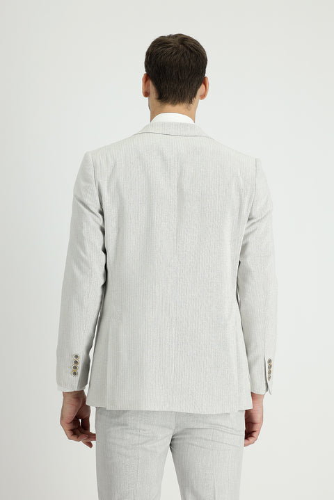 Light Grey 4 Drop Relaxed Fit Striped Cotton Linen Blend Jacket