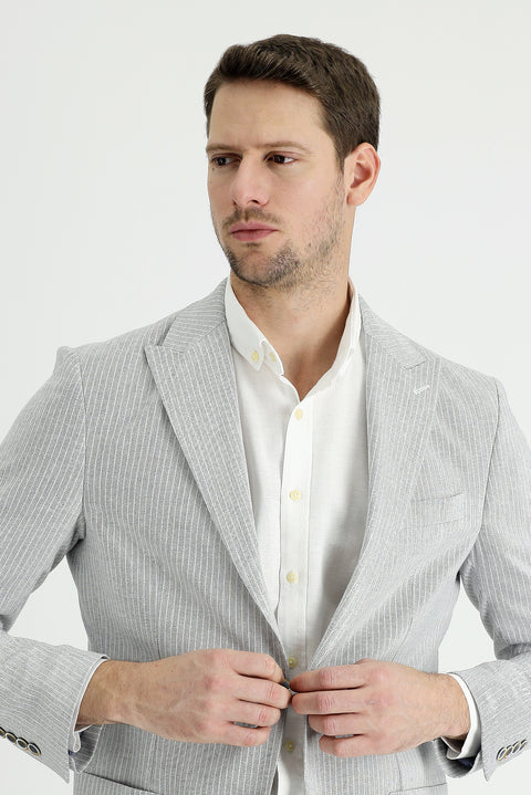 Medium Grey 4 Drop Relaxed Fit Striped Cotton Linen Blend Jacket