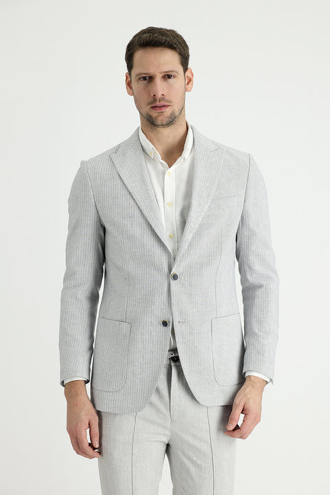Medium Grey 6 Drop Regular Fit Striped Cotton Linen Blend Jacket