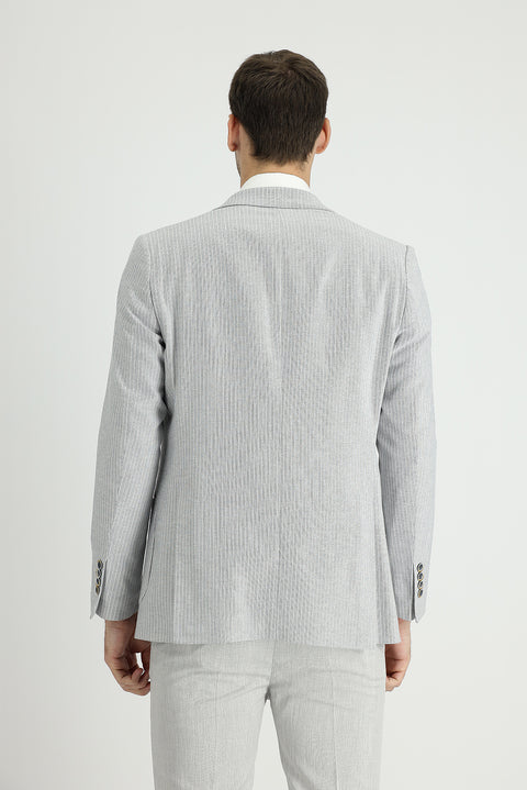 Medium Grey 6 Drop Regular Fit Striped Cotton Linen Blend Jacket