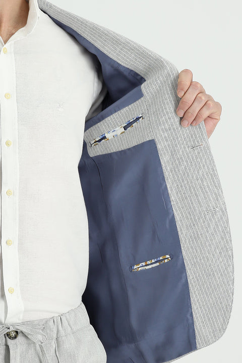 Medium Grey 6 Drop Regular Fit Striped Cotton Linen Blend Jacket