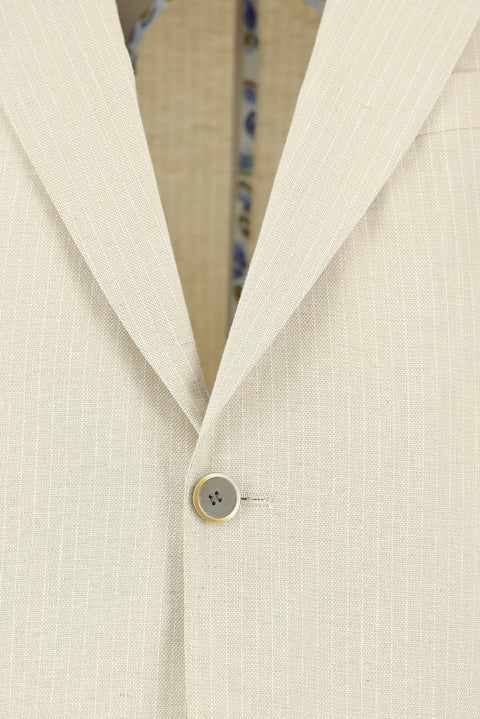 Light Beige 4-Drop Relaxed Fit Striped Cotton Linen Blend Jacket