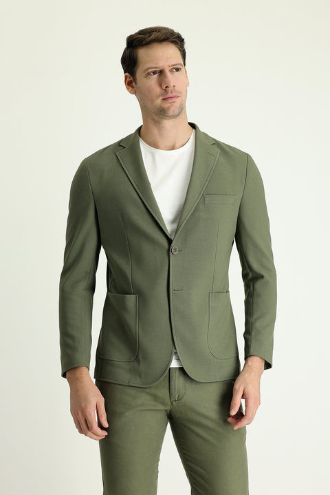 Yağ Yeşili-Olive 7 Drop Slim Fit Dar Kesim Spor Ceket
