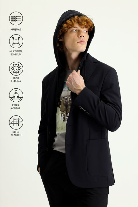 Siyah Techno-Line 7 Drop Slim Fit Dar Kesim Kapüşonlu Örme Spor Ceket