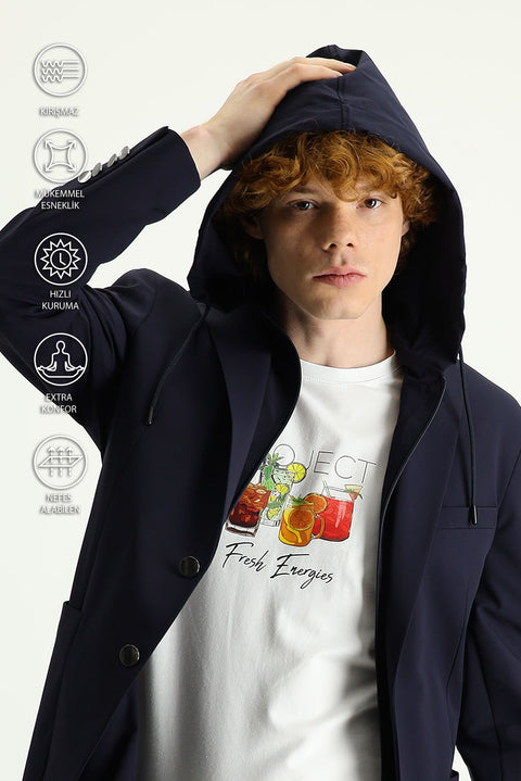 Dark Navy Techno-Line 7 Drop Slim Fit Hooded Knit Sport Jacket