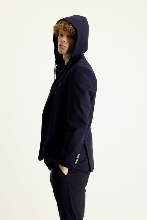 Dark Navy Techno-Line 7 Drop Slim Fit Hooded Knit Sport Jacket
