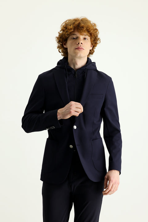 Dark Navy Techno-Line 7 Drop Slim Fit Hooded Knit Sport Jacket