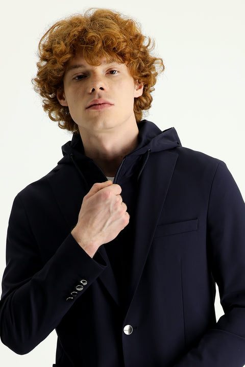 Dark Navy Techno-Line 7 Drop Slim Fit Hooded Knit Sport Jacket