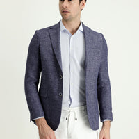 Light Navy Blue 7 Drop Slim Fit Classic Patterned Linen Jacket