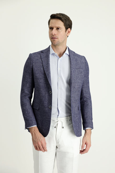 Light Navy Blue 7 Drop Slim Fit Classic Patterned Linen Jacket