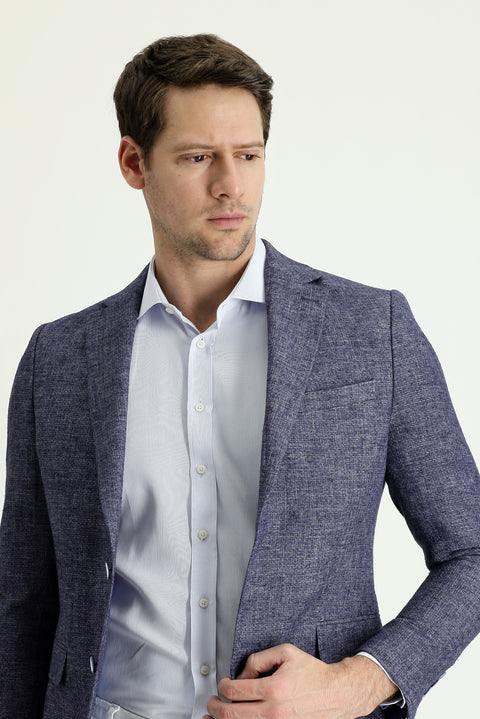 Light Navy Blue 7 Drop Slim Fit Classic Patterned Linen Jacket