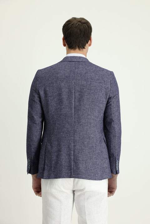 Light Navy Blue 7 Drop Slim Fit Classic Patterned Linen Jacket