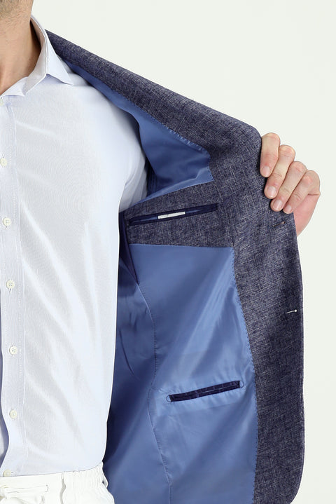 Light Navy Blue 7 Drop Slim Fit Classic Patterned Linen Jacket