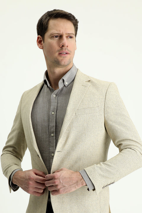 Medium Beige 7 Drop Slim Fit Classic Patterned Linen Jacket
