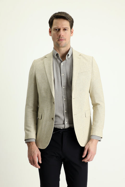 Medium Beige 7 Drop Slim Fit Classic Patterned Linen Jacket