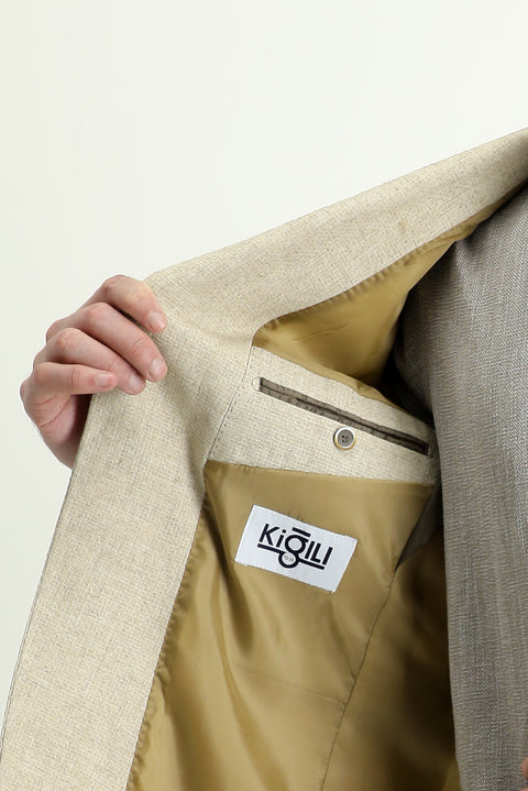 Medium Beige 7 Drop Slim Fit Classic Patterned Linen Jacket