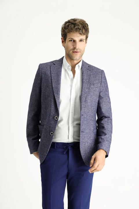 Light Navy 7 Drop Slim Fit Patterned Sport Linen Blend Jacket