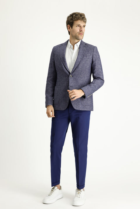 Light Navy 7 Drop Slim Fit Patterned Sport Linen Blend Jacket