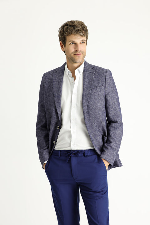 Light Navy 7 Drop Slim Fit Patterned Sport Linen Blend Jacket