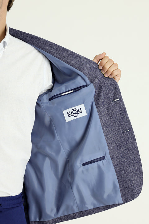 Light Navy 7 Drop Slim Fit Patterned Sport Linen Blend Jacket