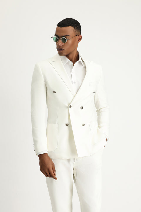 Cream 7 Drop Super Slim Fit Extra Narrow Cut Double-Breasted Linen Blend Jacket