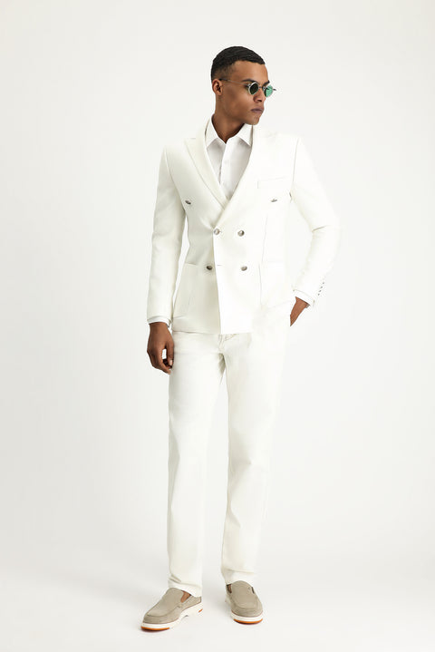 Cream 7 Drop Super Slim Fit Extra Narrow Cut Double-Breasted Linen Blend Jacket