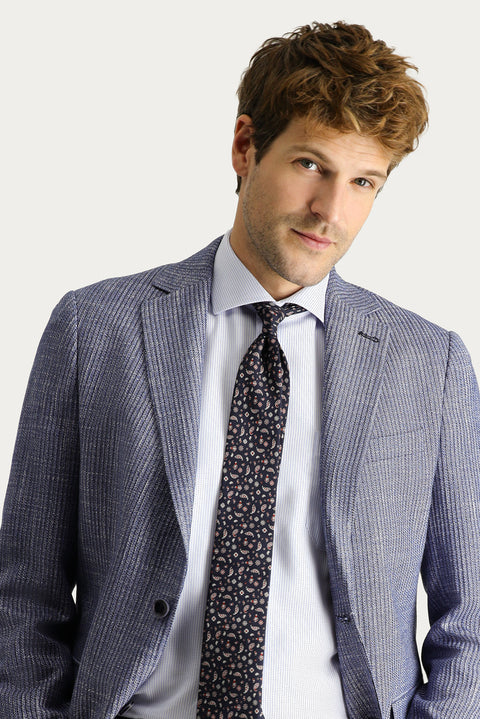 Dark Navy 6 Drop Regular Fit Standard Cut Classic Patterned Linen Jacket