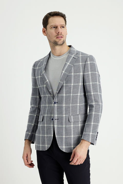 Dark Navy 6 Drop Regular Fit Standard Cut Plaid Linen Blend Jacket