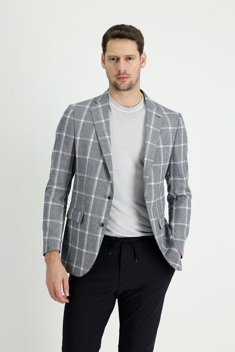 Dark Navy 6 Drop Regular Fit Standard Cut Plaid Linen Blend Jacket