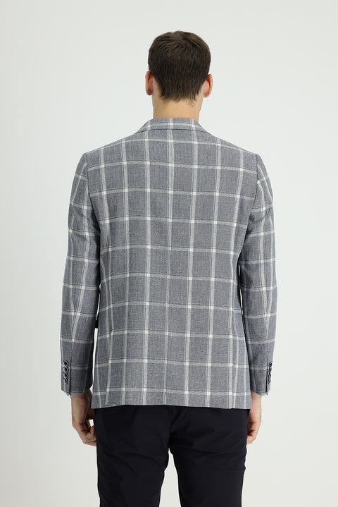 Dark Navy 6 Drop Regular Fit Standard Cut Plaid Linen Blend Jacket