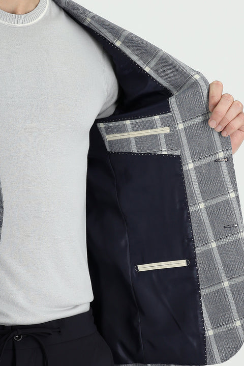 Dark Navy 6 Drop Regular Fit Standard Cut Plaid Linen Blend Jacket