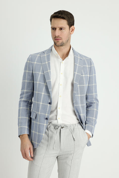 Blue 4 Drop Relaxed Fit Plaid Linen Blend Jacket