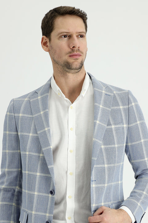 Blue 6 Drop Regular Fit Standard Cut Plaid Linen Jacket