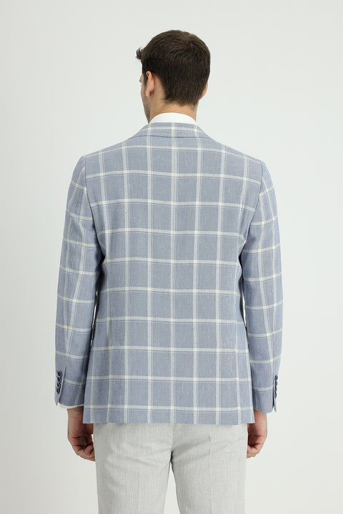 Blue 4 Drop Relaxed Fit Plaid Linen Blend Jacket