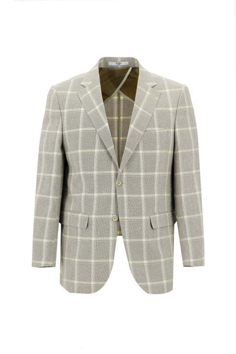 Dark Beige 6 Drop Regular Fit Standard Cut Plaid Linen Blend Jacket